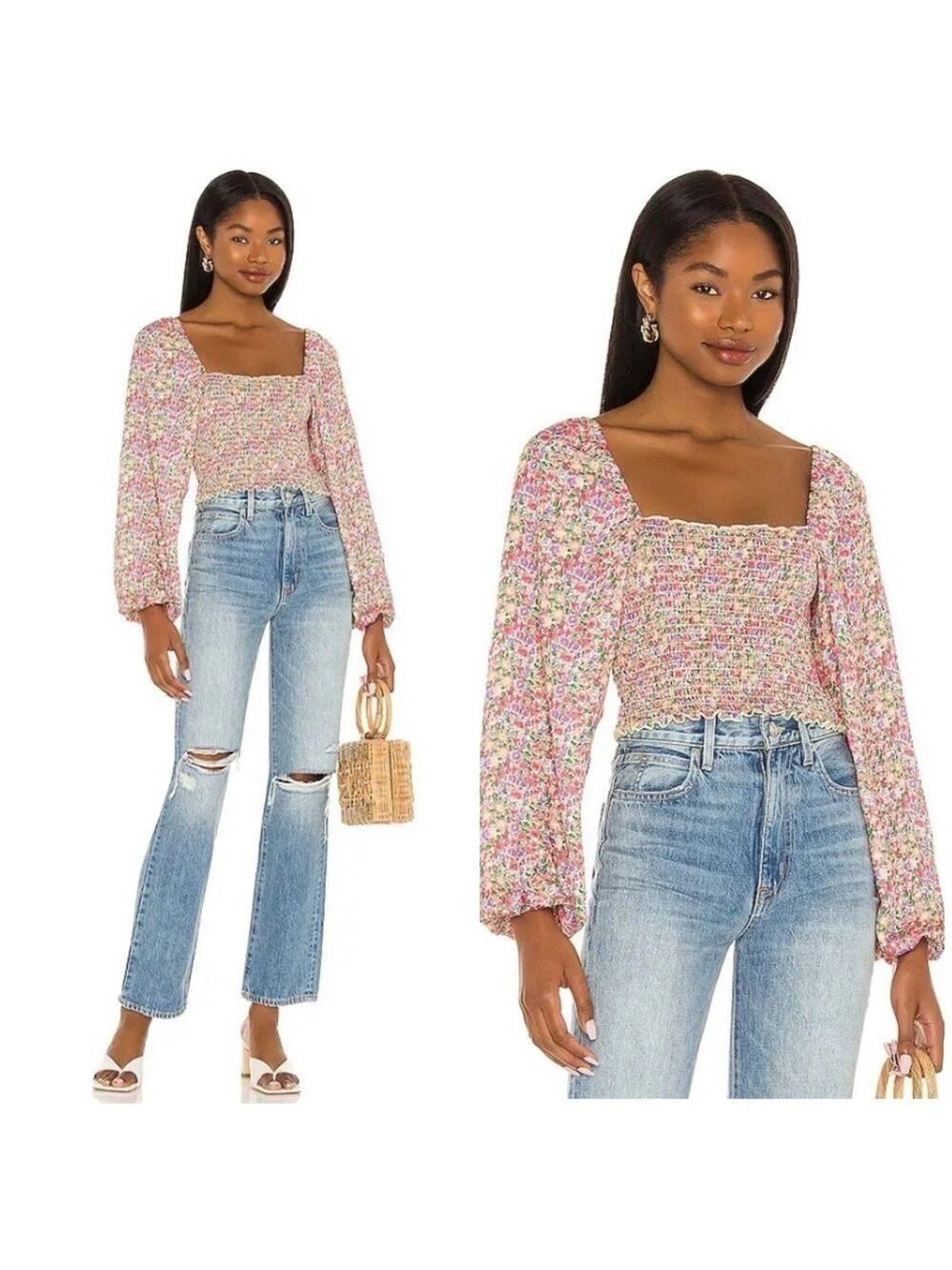 Resa Chevy Floral Print Ruched Ballon Sleeve Top in Pink Charleston